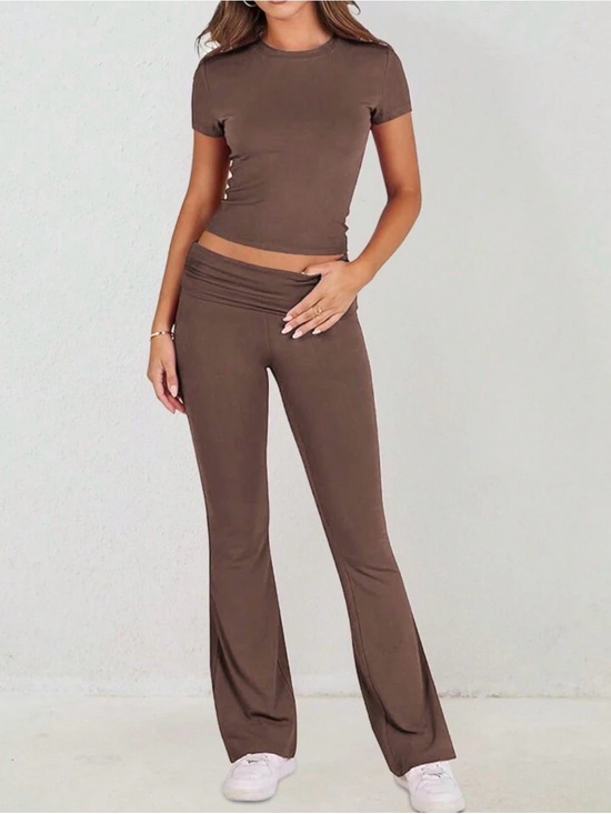 SHEIN Other - SHEIN Brown Fold-Over Waist Bootcut Pants